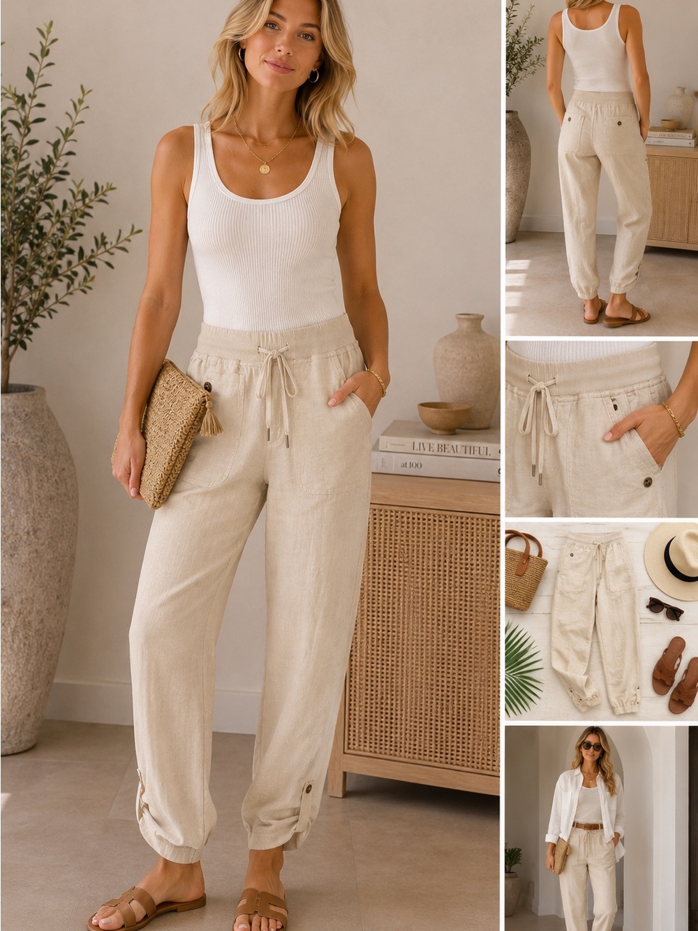 Ann Taylor Cream Linen-Blend Drawstring Jogger Pants